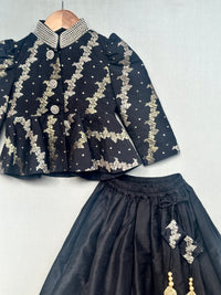 Royal Black Brocade Peplum Blouse with lehenga