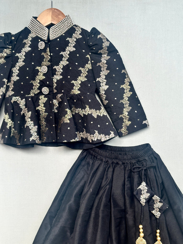 Royal Black Brocade Peplum Blouse with lehenga