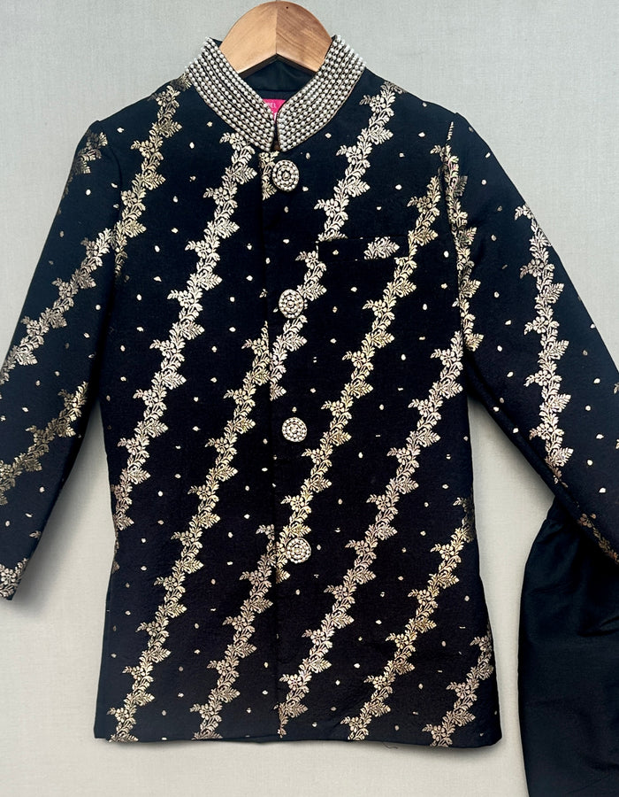 Royal Black Brocade Sherwani with Straight Pants