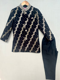 Royal Black Brocade Sherwani with Straight Pants