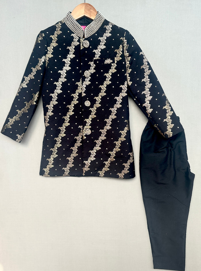 Royal Black Brocade Sherwani with Straight Pants