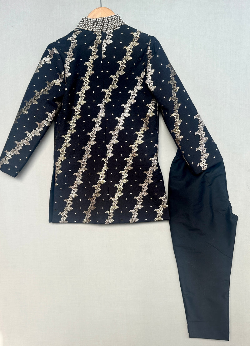Royal Black Brocade Sherwani with Straight Pants