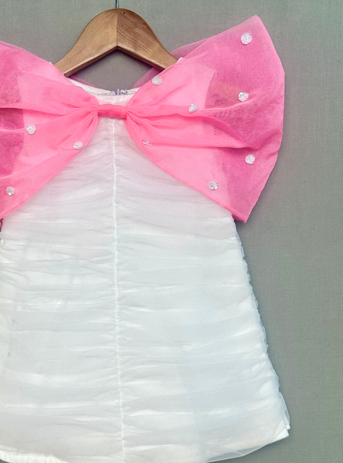 Ruched detailed Dress in Net with Pink Organza Bow