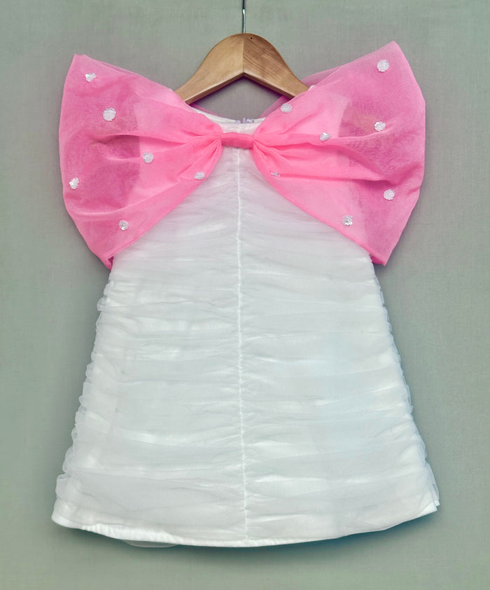 Ruched detailed Dress in Net with Pink Organza Bow