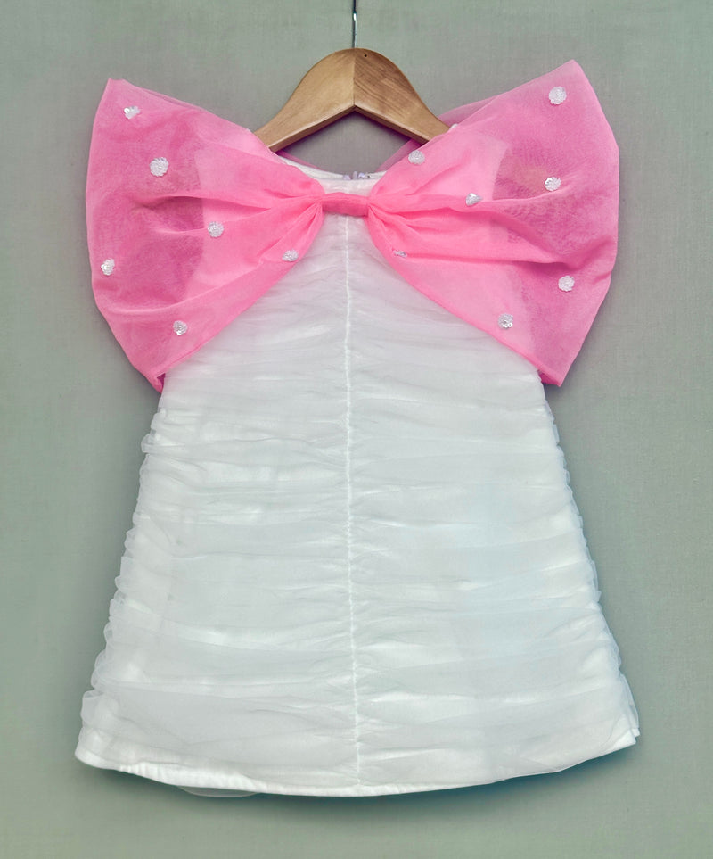 Ruched detailed Dress in Net with Pink Organza Bow