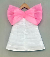 Ruched detailed Dress in Net with Pink Organza Bow
