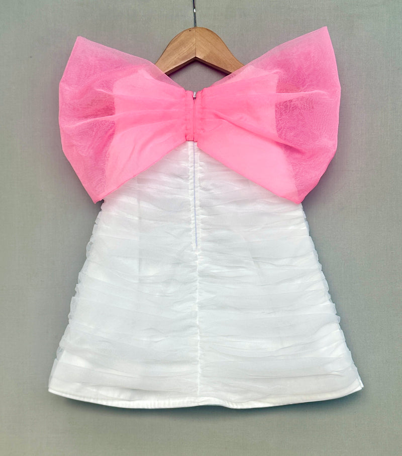 Ruched detailed Dress in Net with Pink Organza Bow