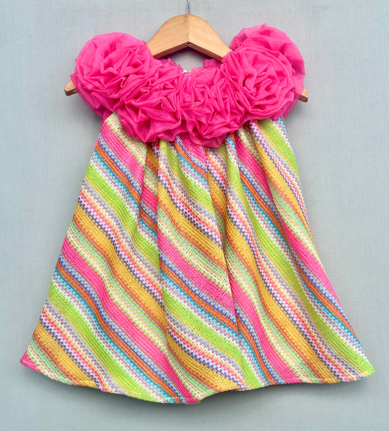 Vibrant Multicolour Dress with Handmade Soft Organza Flowers