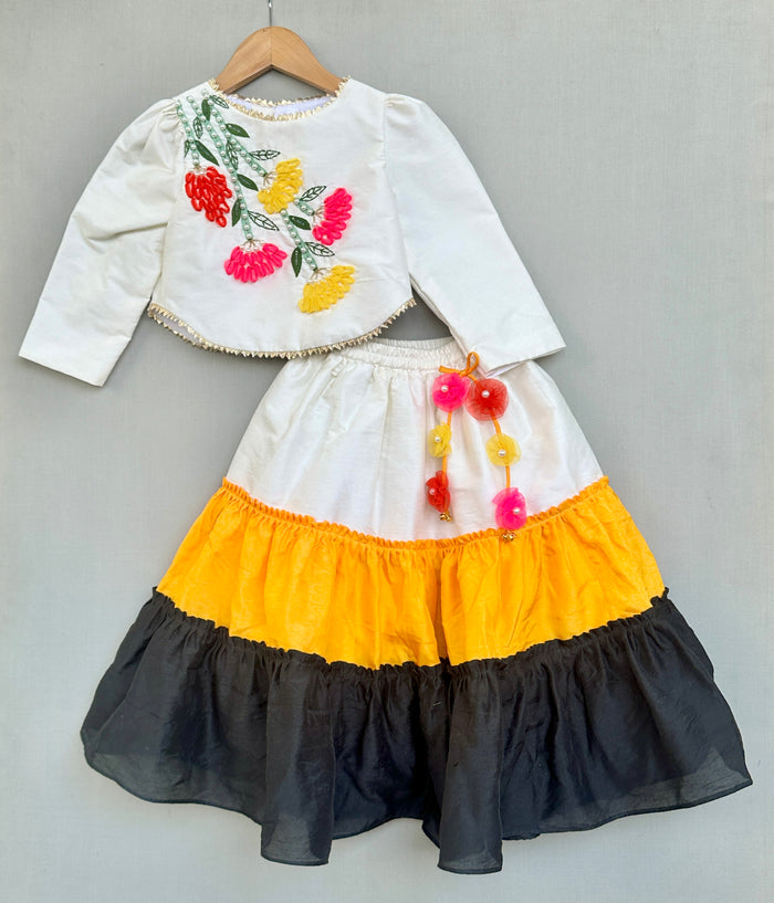 Floral Hand embroidered Top with Tiered Lehenged