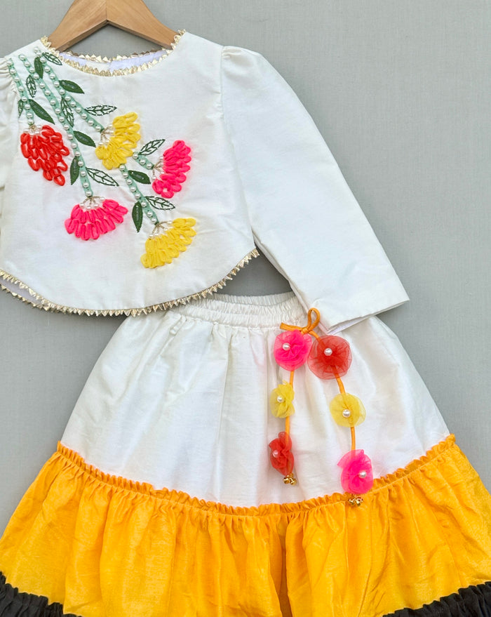 Floral Hand embroidered Top with Tiered Lehenged