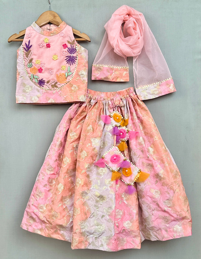 Pastel Pink Floral Hand- Embroidered Lehenga Set with Dupatta