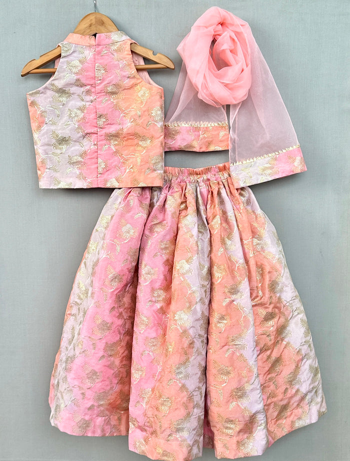 Pastel Pink Floral Hand- Embroidered Lehenga Set with Dupatta