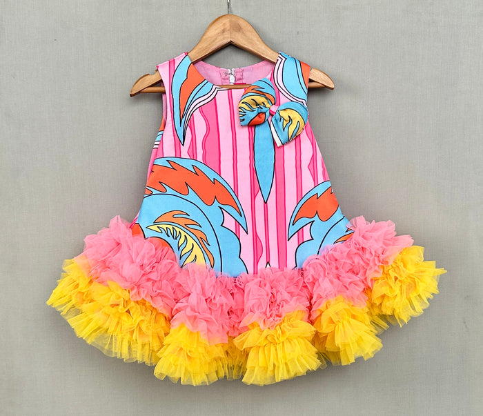 Pink Abstract Print Tutu Dress with Soft Net