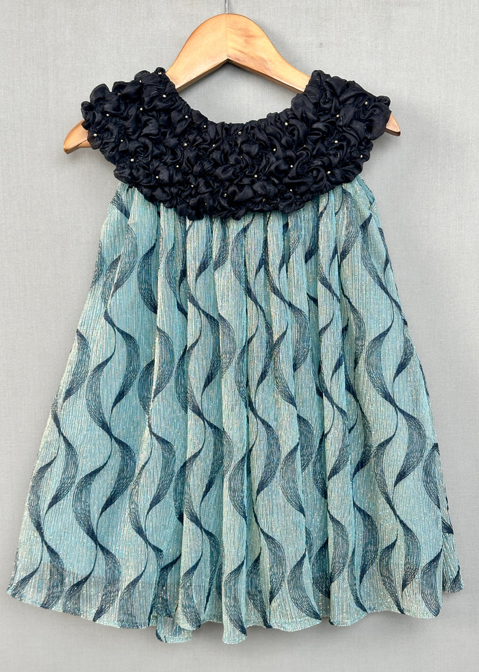 Teal Elegance Pleated Dress with Embellished Black Ruched Neckline