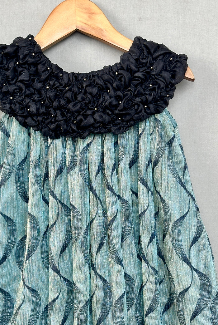 Teal Elegance Pleated Dress with Embellished Black Ruched Neckline