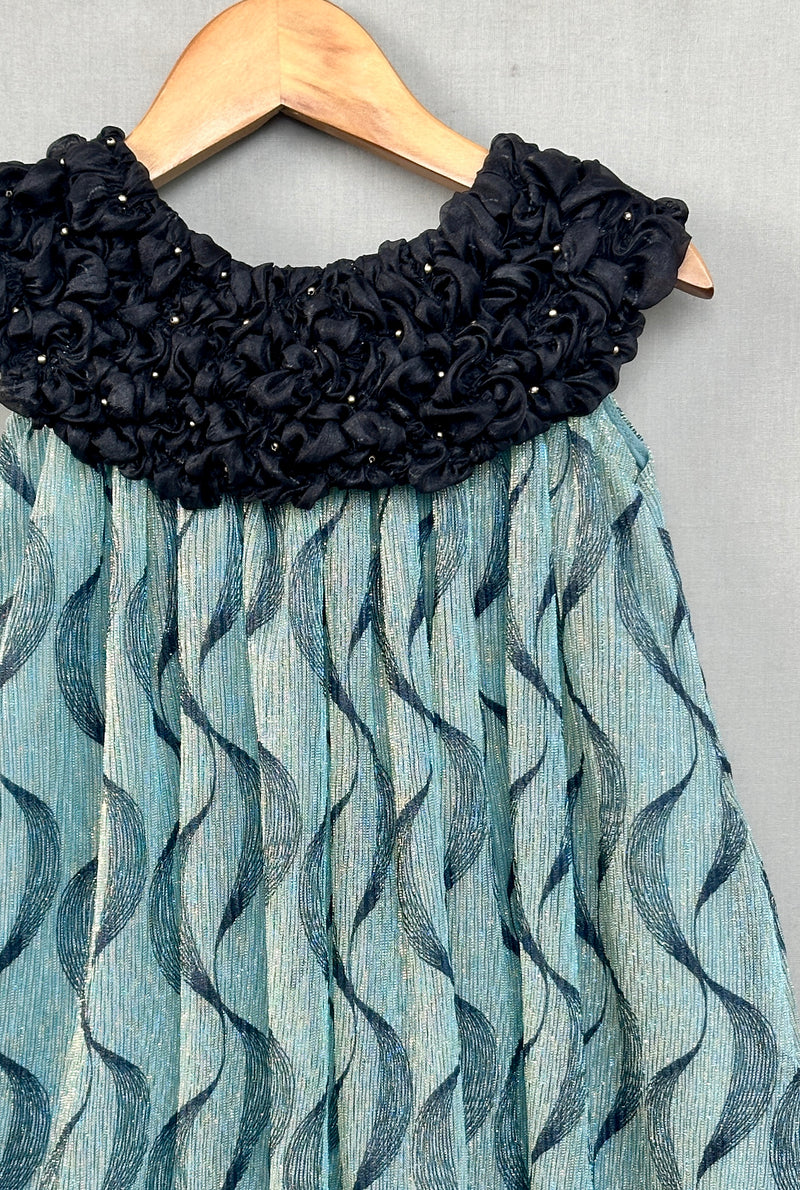 Teal Elegance Pleated Dress with Embellished Black Ruched Neckline
