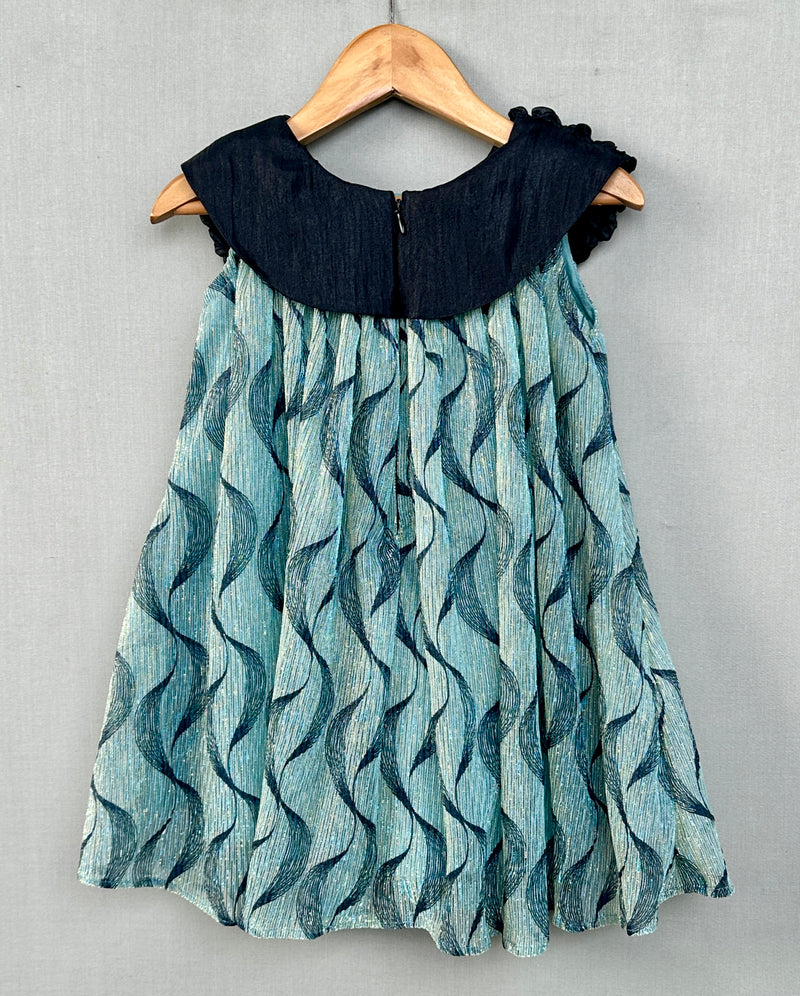 Teal Elegance Pleated Dress with Embellished Black Ruched Neckline