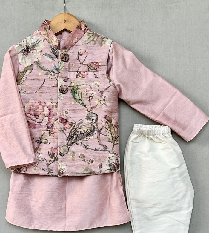 Pastel Pink Floral Nehru Jacket Set with Pants