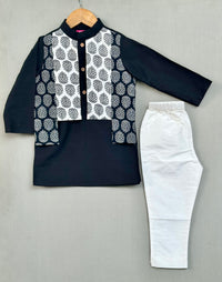 Black Kurta with Printed Attached Jacket and Pant