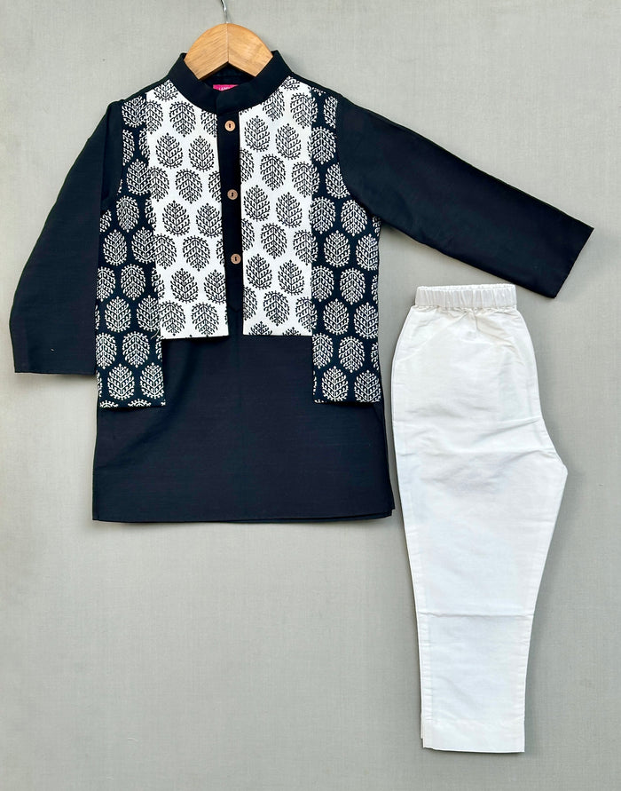 Black Kurta with Printed Attached Jacket and Pant