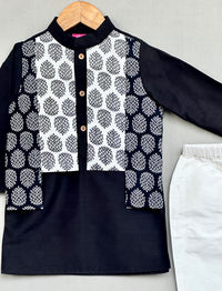 Black Kurta with Printed Attached Jacket and Pant