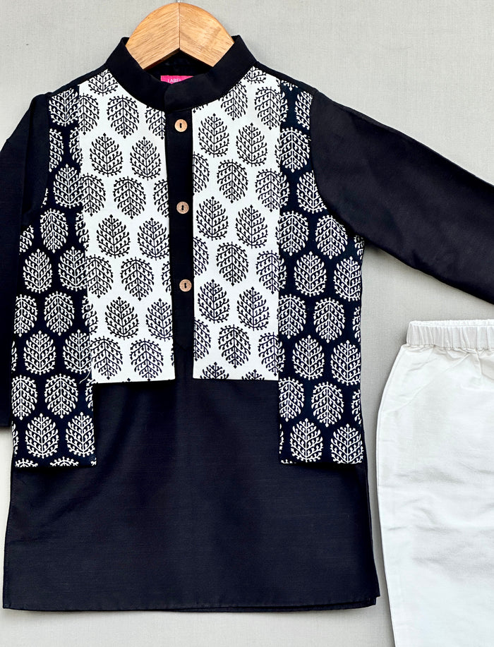 Black Kurta with Printed Attached Jacket and Pant