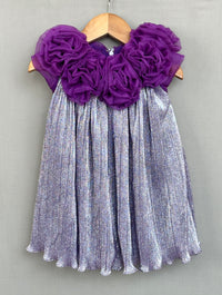 Metallic Purple Pleated Party Dress with 3D Floral Bodice