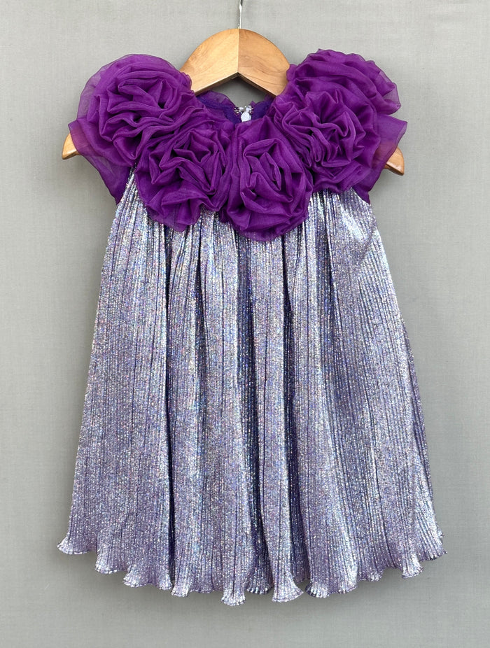 Metallic Purple Pleated Party Dress with 3D Floral Bodice