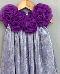 Metallic Purple Pleated Party Dress with 3D Floral Bodice