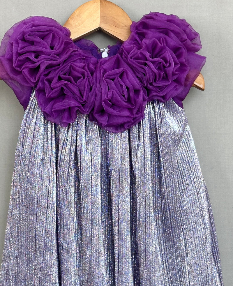 Metallic Purple Pleated Party Dress with 3D Floral Bodice