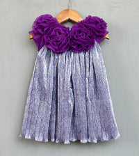 Metallic Purple Pleated Party Dress with 3D Floral Bodice