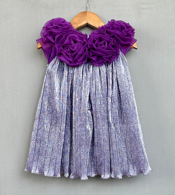 Metallic Purple Pleated Party Dress with 3D Floral Bodice