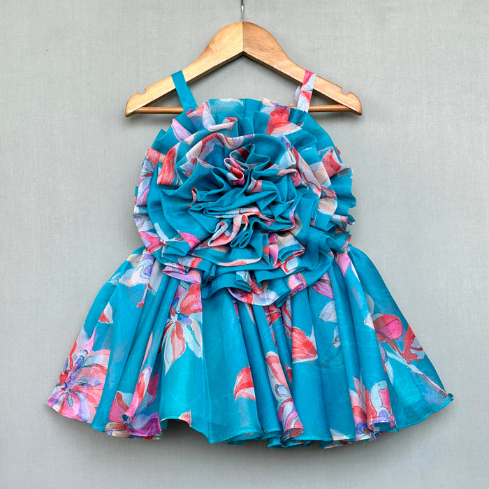 Turquoise Floral Organza Dress with Ruffle Bodice