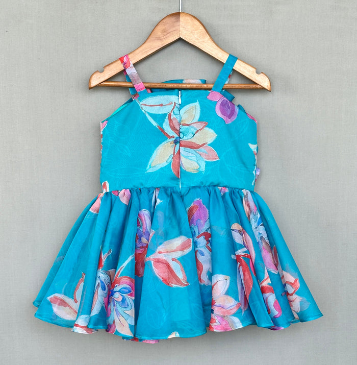 Turquoise Floral Organza Dress with Ruffle Bodice