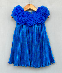 Royal Blue Pleated Party Dress with 3D Floral Bodice