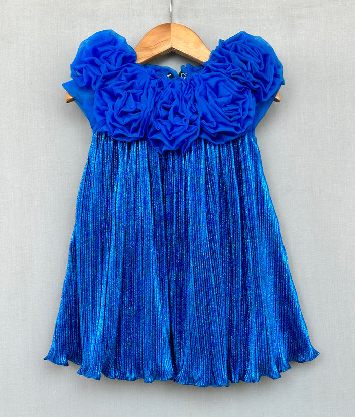 Royal Blue Pleated Party Dress with 3D Floral Bodice