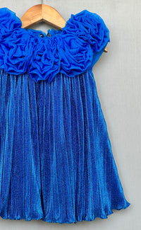 Royal Blue Pleated Party Dress with 3D Floral Bodice