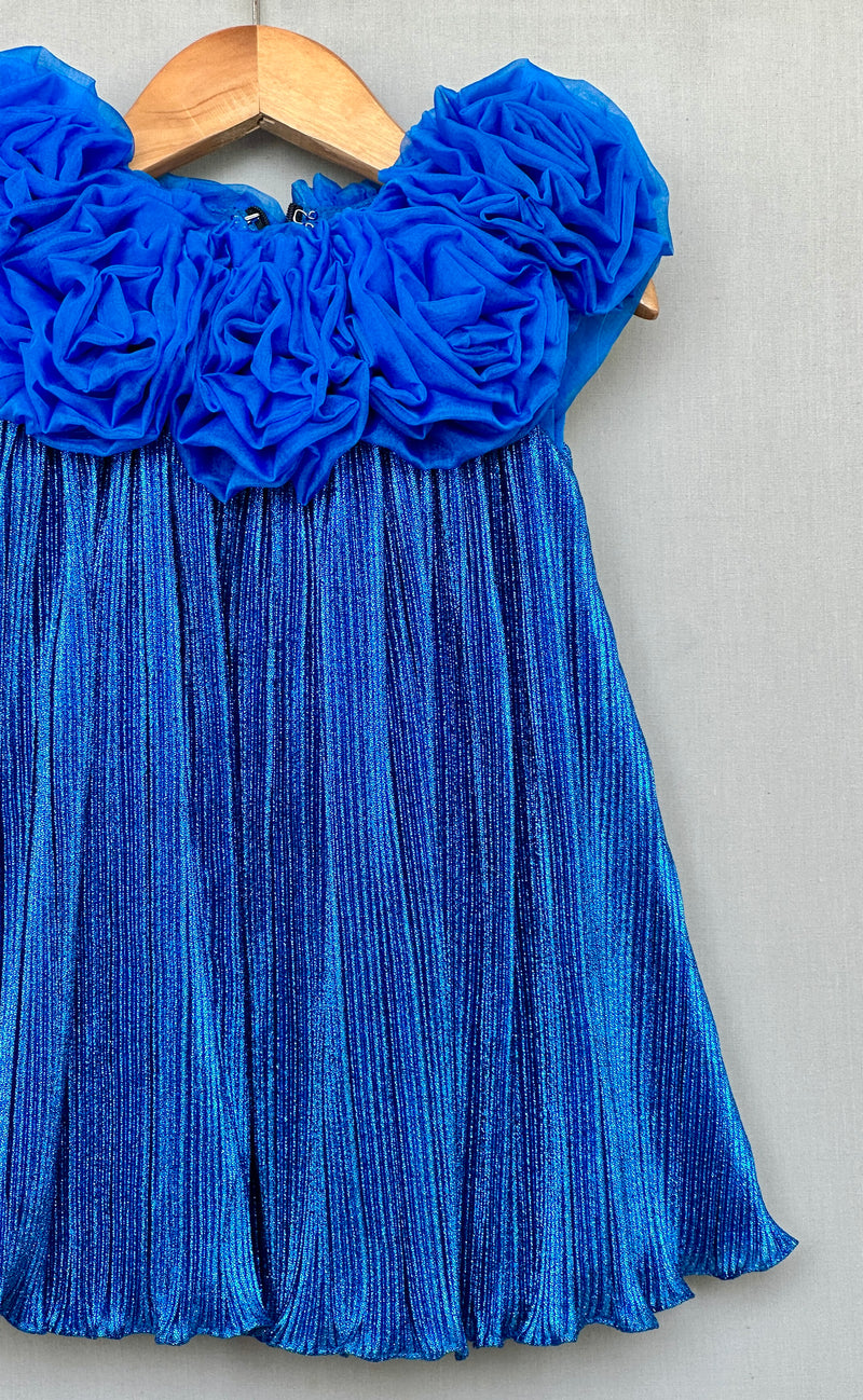 Royal Blue Pleated Party Dress with 3D Floral Bodice