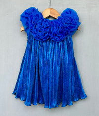 Royal Blue Pleated Party Dress with 3D Floral Bodice