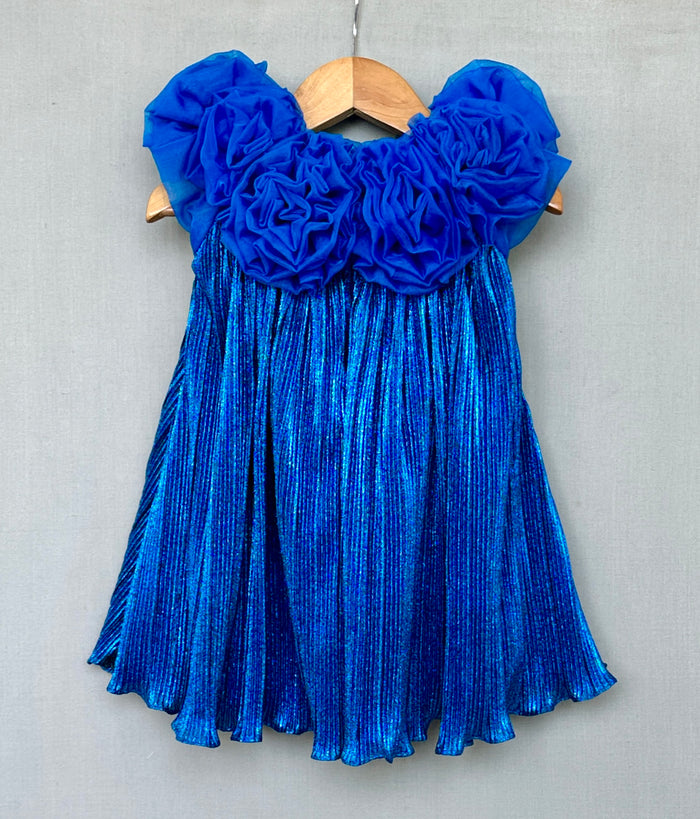 Royal Blue Pleated Party Dress with 3D Floral Bodice