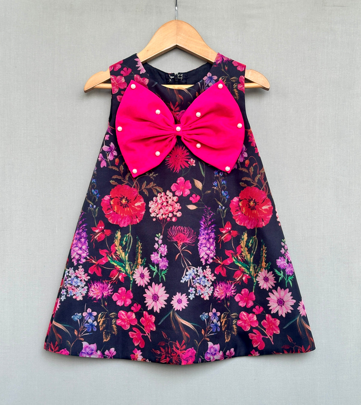 Floral Aline Dress with Hot Pink Bow