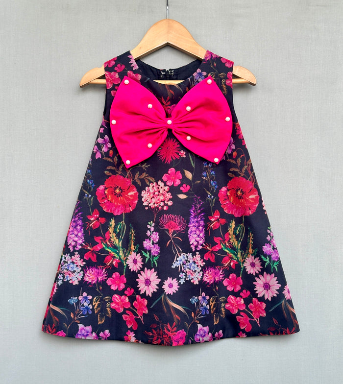 Floral Aline Dress with Hot Pink Bow