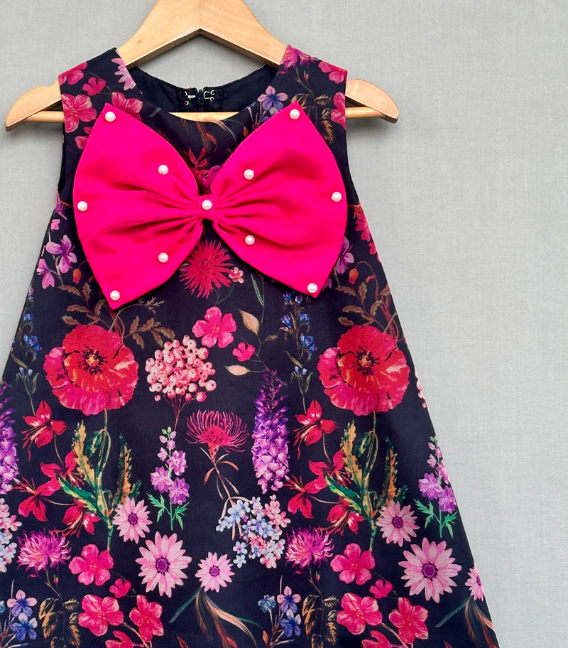 Floral Aline Dress with Hot Pink Bow