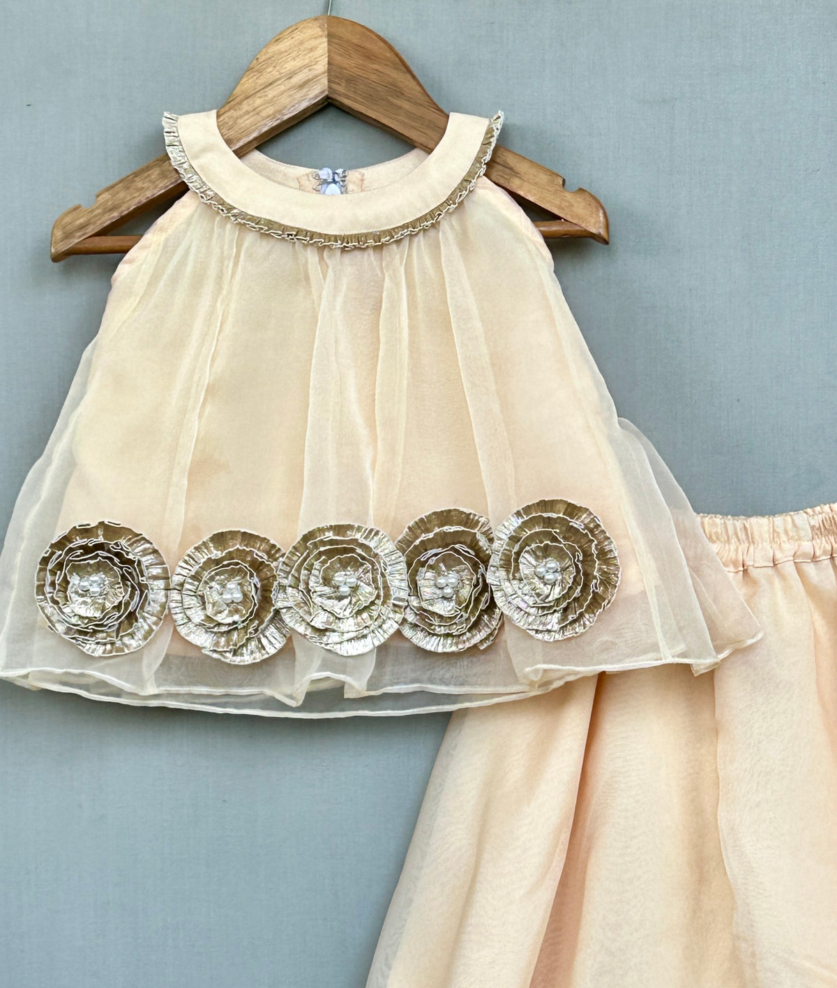 Champagne Gold Organza Co-ord Set with Floral embellishments