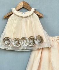 Champagne Gold Organza Co-ord Set with Floral embellishments
