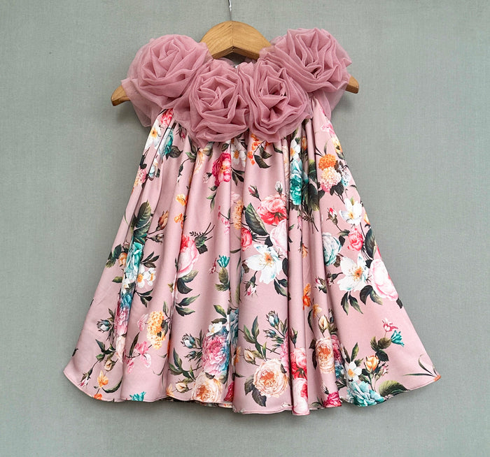 Vintage Floral Print Dress with Organza Flowers