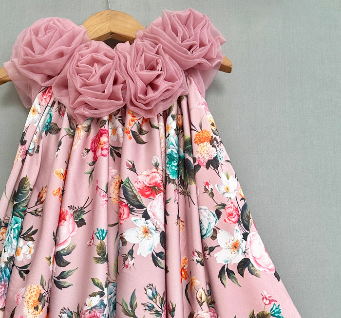 Vintage Floral Print Dress with Organza Flowers