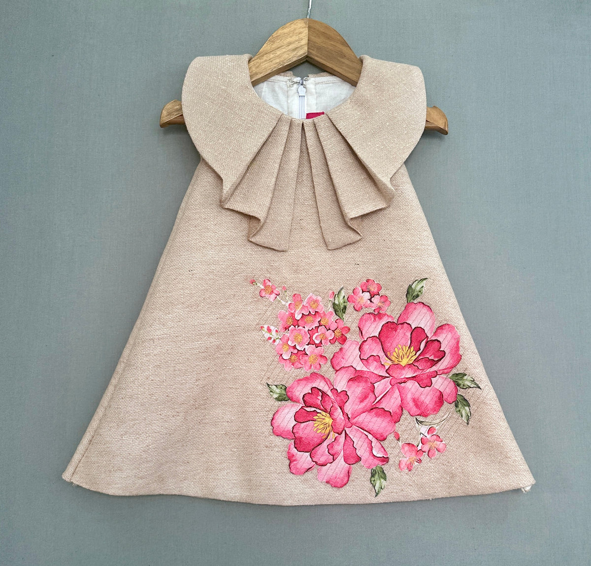 Jute Linen Dress with Floral Applique