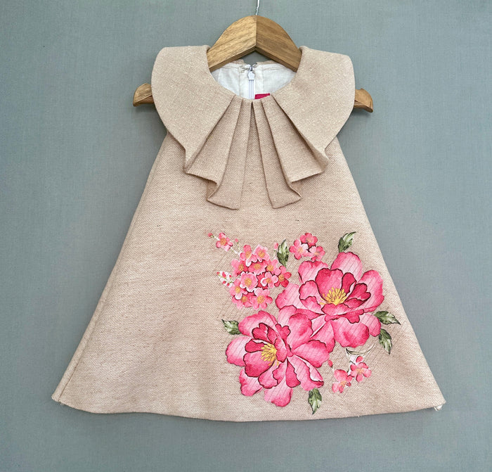 Jute Linen Dress with Floral Applique