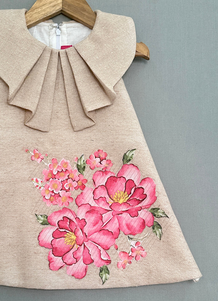 Jute Linen Dress with Floral Applique